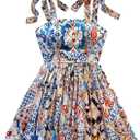 Floerns Women's Summer Floral Print Tie Shoulder Cami Dress Flare Hem Boho Mini Dress (Medium, Blue Khaki Multi)