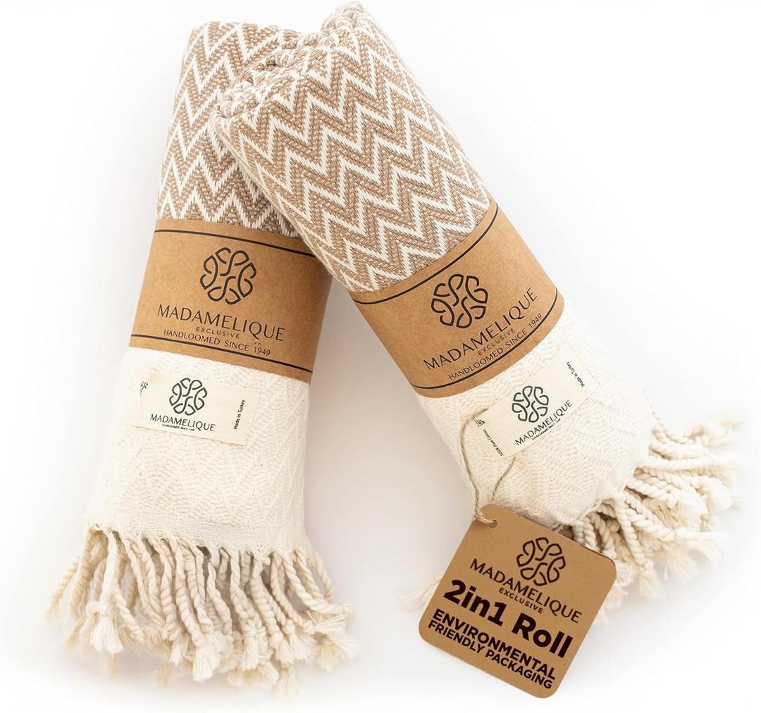 Madamelique Exclusive Hand Towels Set of 2-18 x 40 Inches - Decorative Bathroom Peshtemal Towel for Hand, Face, Hair, Yoga, Tea, Dishcloth, Kitchen and Bath - 100% Pure Cotton (Biscuit)