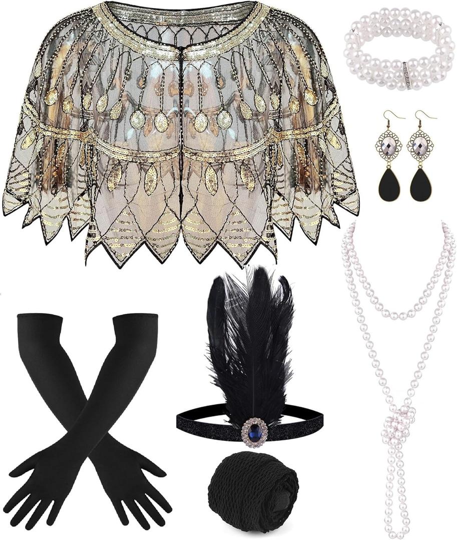 PLULON 1920s Flapper Accessories Set for Women, Great Gatsby Dresses Sequin Shawl Wraps Roaring 20s Dresses for Party (Black Gold)
