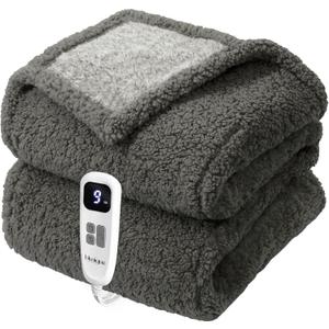 Blunique Heated Blanket Electric Blanket Twin Fast Heating Blanket Throw Double Sided Sherpa Ultra Soft Cozy with 10 Heating Levels & 210 Hours Auto Off, Mashine Washable, 62 x 84 Inches, Grey