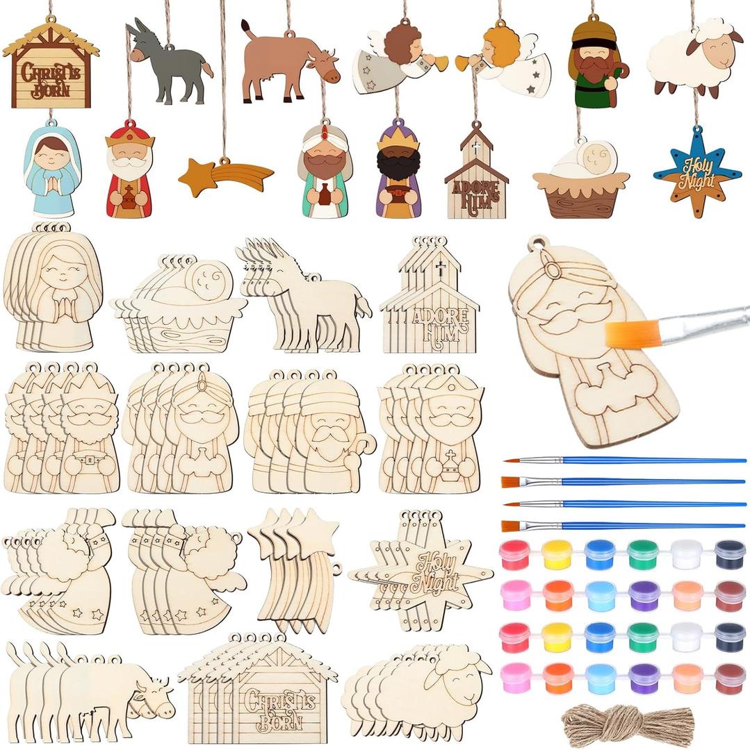 60 Pcs Wood Christmas Crafts for Adults DIY Paint Xmas Ornaments Blank Unfinished Wooden Cutouts Shapes Slices Hanging Embellishment for Christmas Tree Holiday Party Decor(Jesus Nativity)