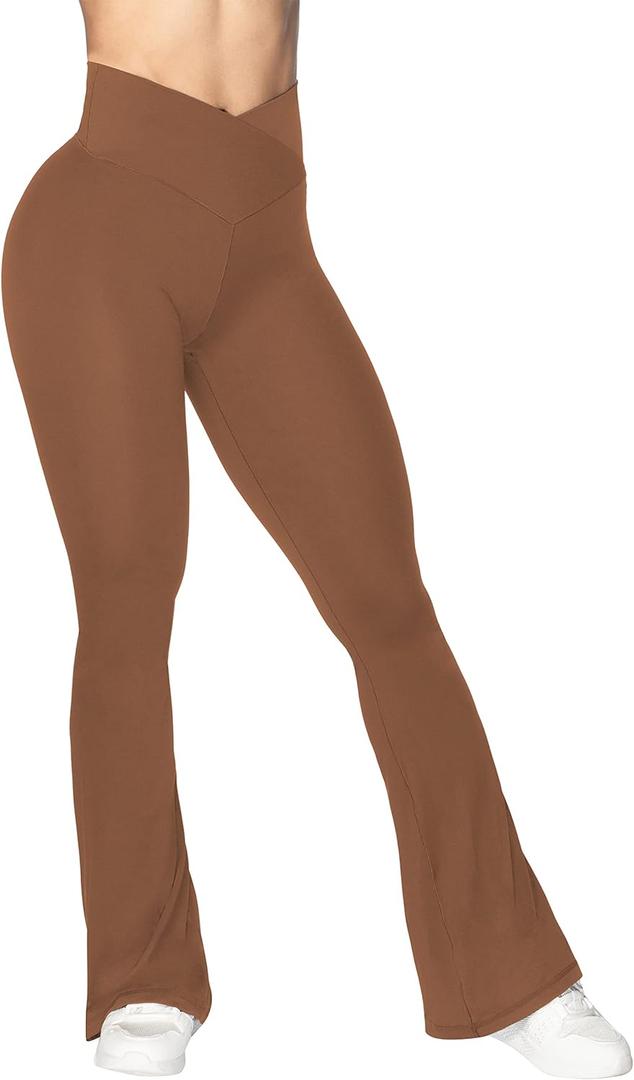 Sunzel Flare Leggings, Crossover Yoga Pants with Tummy Control, High-Waisted and Wide Leg (X-Small, Wine Red)