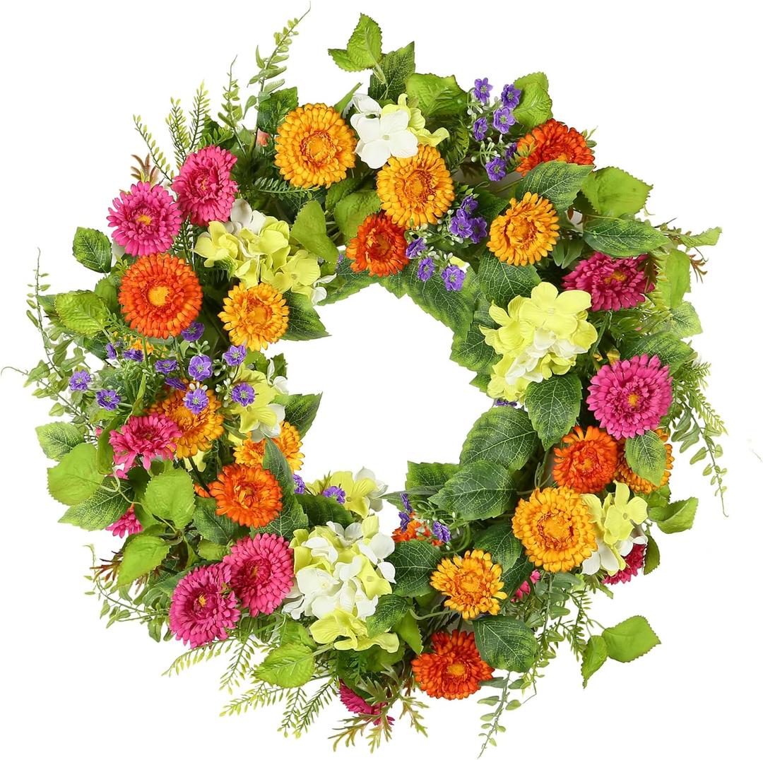 YNYLCHMX 18" Spring Summer Wreaths for Front Door, Artificial Floral Wreath with Daisy Flowers Green Tea Leaves, Green Foliage Wreath for Wall Window Farmhouse Party Holiday Home Decor (Colorful Daisies)