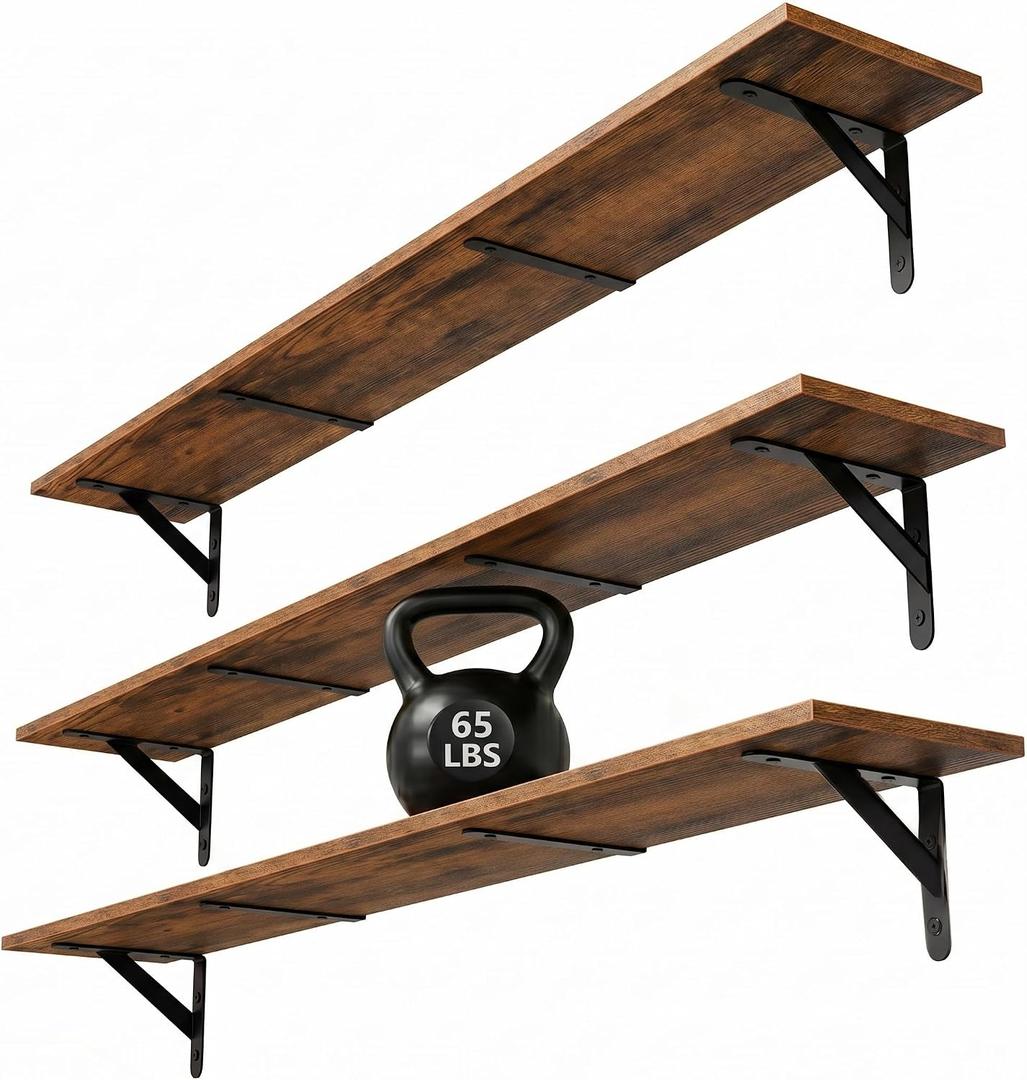 WOPITUES Floating Shelves for Wall 48W x 8D, Long Wall Mounted Shelves Set of 3, Wood Book Shelves Decor, Farmhouse Display Shelf for Bedroom, Living Room, Laundry Room, Kitchen, Bathroom, Brown
