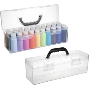 2 PCS Clear Acrylic Paint Storage Box with Handle, Portable Craft Paint Storage Organizer, Plastic Craft Art Supply Box, 30 Bottle Capacity Clear Organizer for 2 fl. oz Apple Barrel Paints