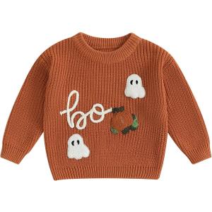 FOMOYUU Baby Girl Boy Knit Sweater Halloween Outfit Embroidery Warm Crewneck Long Sleeve Tops Fall Winter Clothes (3-6 Months, Orange3)