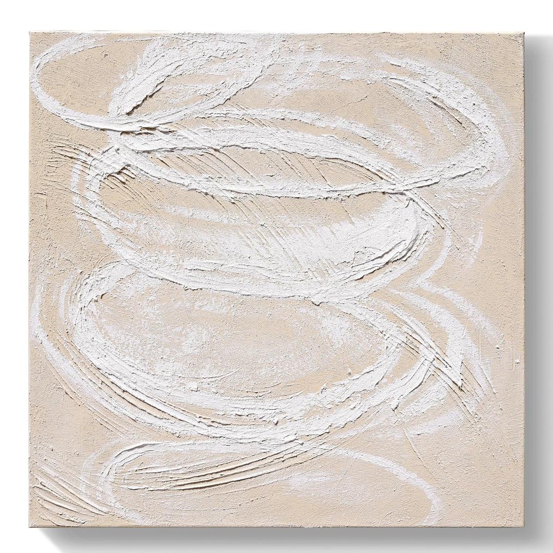 GeekMacro 24x24 Inch Square Hand-Painted Oil Painting Textured Wall Art - Nature Swirls White Cream Modern Canvas Artwork for Living Room Bedroom Office Decor