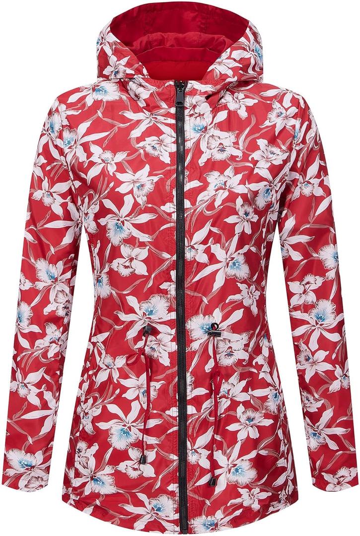 RISISSIDA Women Casual Reversible Floral Print Jacket Hooded Spring Fall Fashion, Lightweight Waterproof Thin Transition Coat (Small, Red)