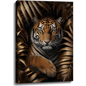 Tiger Canvas Wall Art Gold Leaves Picture Black Poster African Theme Jungle Animal Painting Prints for Living Room Bathroom Bedroom Modern Home Office Decor Framed(Tiger-1,16.00x24.00 inch)