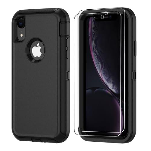Jshru for iPhone XR Phone Case with [2 Pack] HD Screen Protector, [Military-Grade] 3-in-1 Heavy Duty Protective | Shockproof/Drop Proof/Dust Proof Full Body Protector for iPhone XR, Black