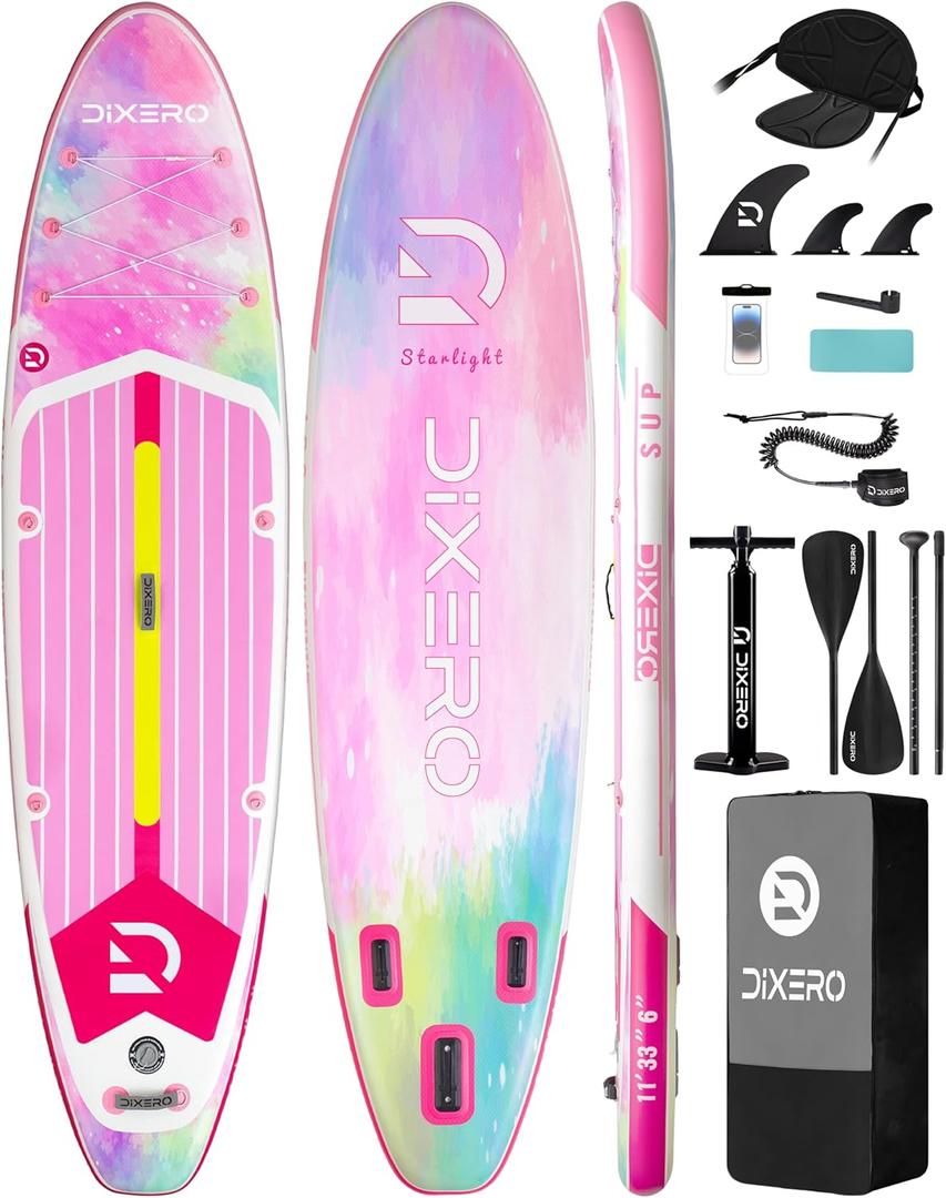 Inflatable Stand Up Paddle Board 11'*33", Extra Wide Paddle Boards for Adults, SUP with Premium Accessories, Adjustable Paddle, Hand Pump, Bottom Fin, Leash Waterproof Phone Bag (pink with seat)