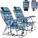 Backpack Beach Camping Chairs with 8 Positions Lay Flat, 2 Pack Folding Beach Chair with Adjustable Headrest, Pouch, Cup Holder for Outdoor Lawn Picnic, Support 300LBS(Coconut Tree Blue & Cyan)