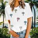 Women Hawaiian Shirt Tropical Shirts Coconut Tree Sequin T Shirt Hawaiian Family Vacation Tee Top (White, S)