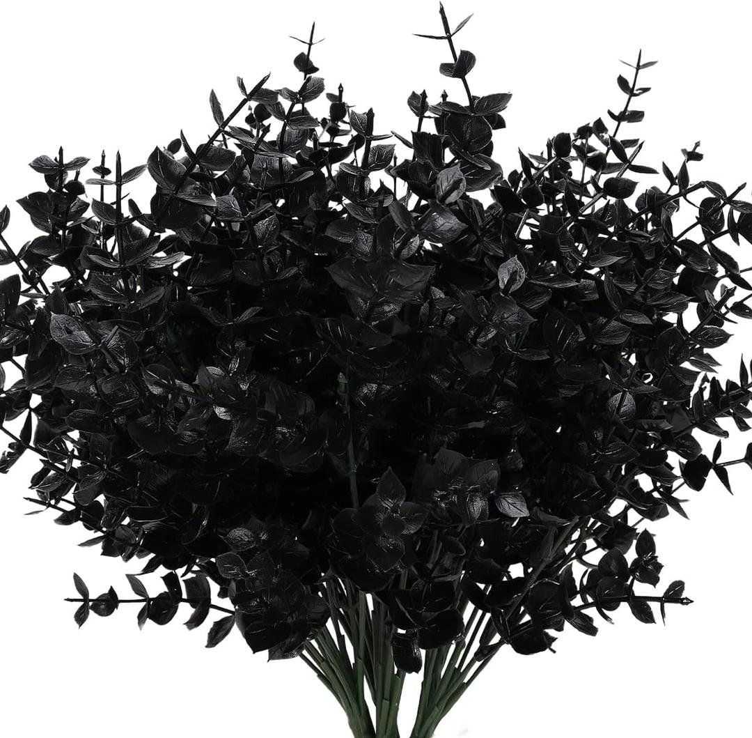 Black Artificial Flowers, Fake Outdoor UV Resistant Plants Faux Plastic Greenery Shrubs Indoor Outside Hanging Planter Halloween Flower Decoration, Garden Decor (Black Eucalyptus)