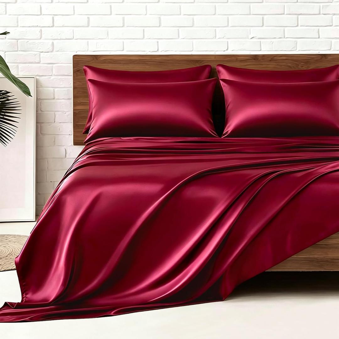 MR&HM Satin Sheets Queen Size with Elastic Corner Straps, Burgundy
Similar to Silk, 6-Piece Silky Soft Bed Sheet Set, Gentle on Skin and Hair, 15" Deep Pocket, Cooling & Breathable