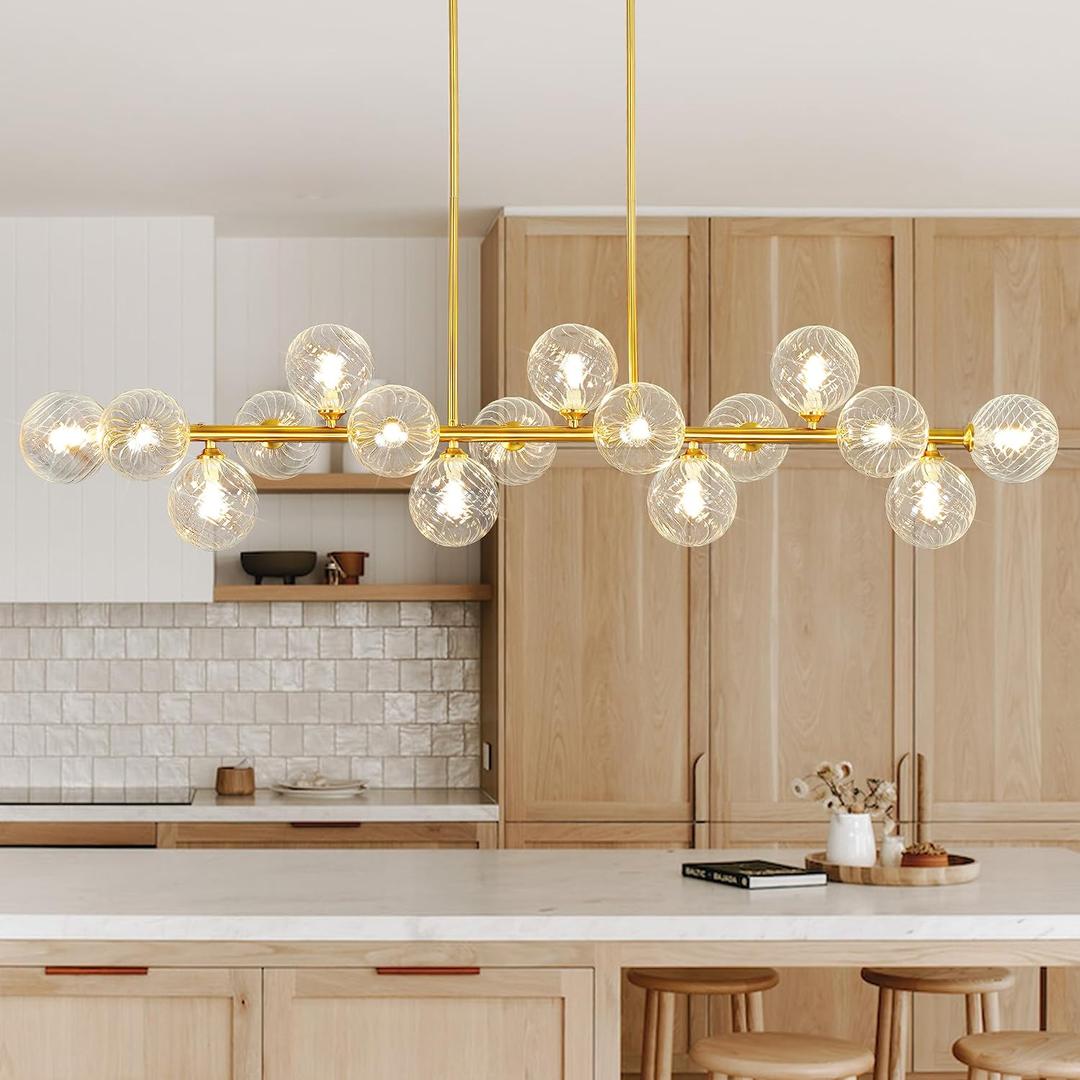 55" Linear Chandelier Swirled Glass Gold Sputnik Chandelier, Long Modern Chandeliers for Dining Room 16-Light Electroplated Brass Large Chandelier Bubble Dining Room Light Fixture Linear Island Lights