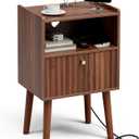 Side Table with Charging Station, Modern End Table with Fluted Drawer, Bedside Table, Night Stand with 2 Tiers Storage Space, for Bedroom, Living Room, Walnut (Brown)