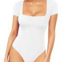 MANGOPOP Women's Square Neck Short Sleeve Bodysuit Sexy Body Suits Shirt Slim Fitted Tops White, Medium