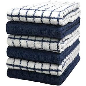 Kitchen Towels 16"x 28" | Dish Towels | Kitchen Hand Towels | Large Dishcloths Set | Highly Absorbent Tea Towel, Soft with Hanging Loop | Natural Ring Spun Cotton, 380 GSM | Navy Check Design - 6 Pack