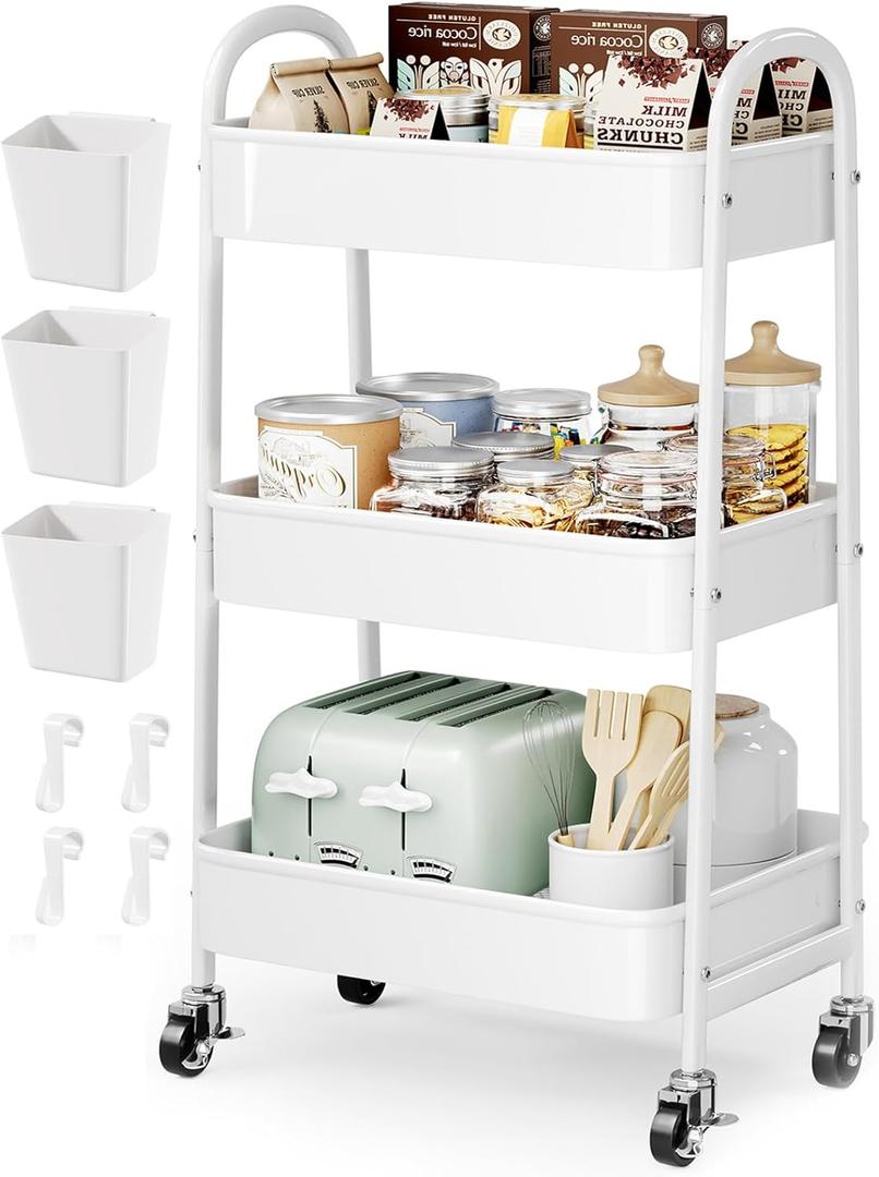 3 Tier Rolling Cart Metal with Wheels, Heavy Duty White Three Tiered Craft Cart Organizer on Wheels, Utility Roller Storage Carts for Art, Baby Nursery, Diaper Caddy, Snack,Book,Nail,Cleaning Supplies