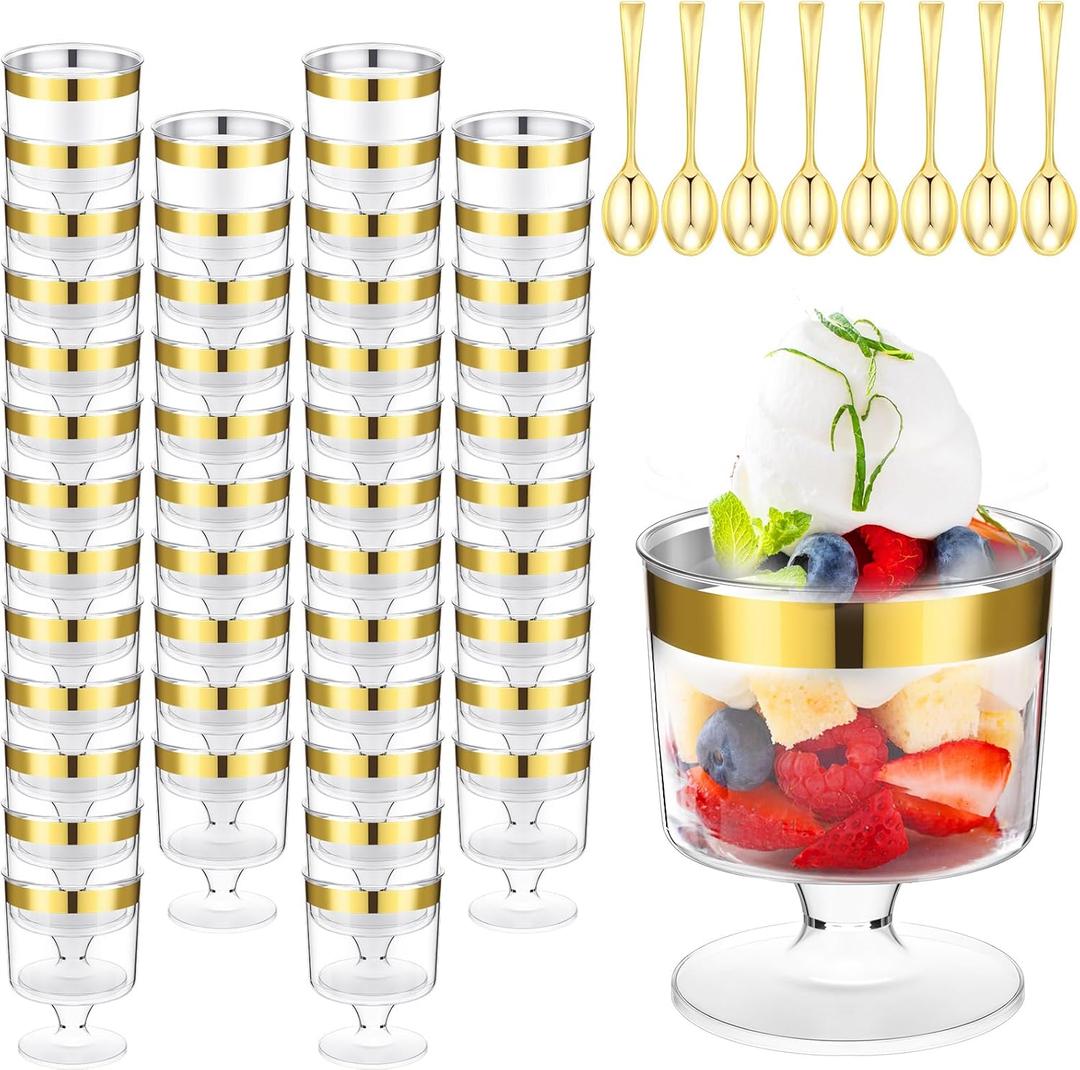 Yinder 200 Pcs Mini Dessert Cups with Spoons Include 100 Disposable Plastic Mousse Cups 100 Tasting Spoons Clear Plastic Parfait Glasses Dessert Bowls for Wedding Party(2 Oz,Gold)