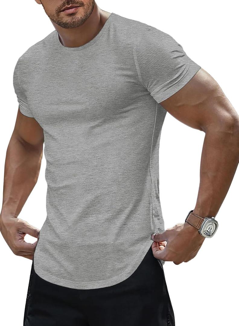 JMIERR Mens Short Sleeve T Shirt Summer Muscle Slim Fitted Crewneck Longline Tees Shirts for Gym Workout (Gray, XXXL)