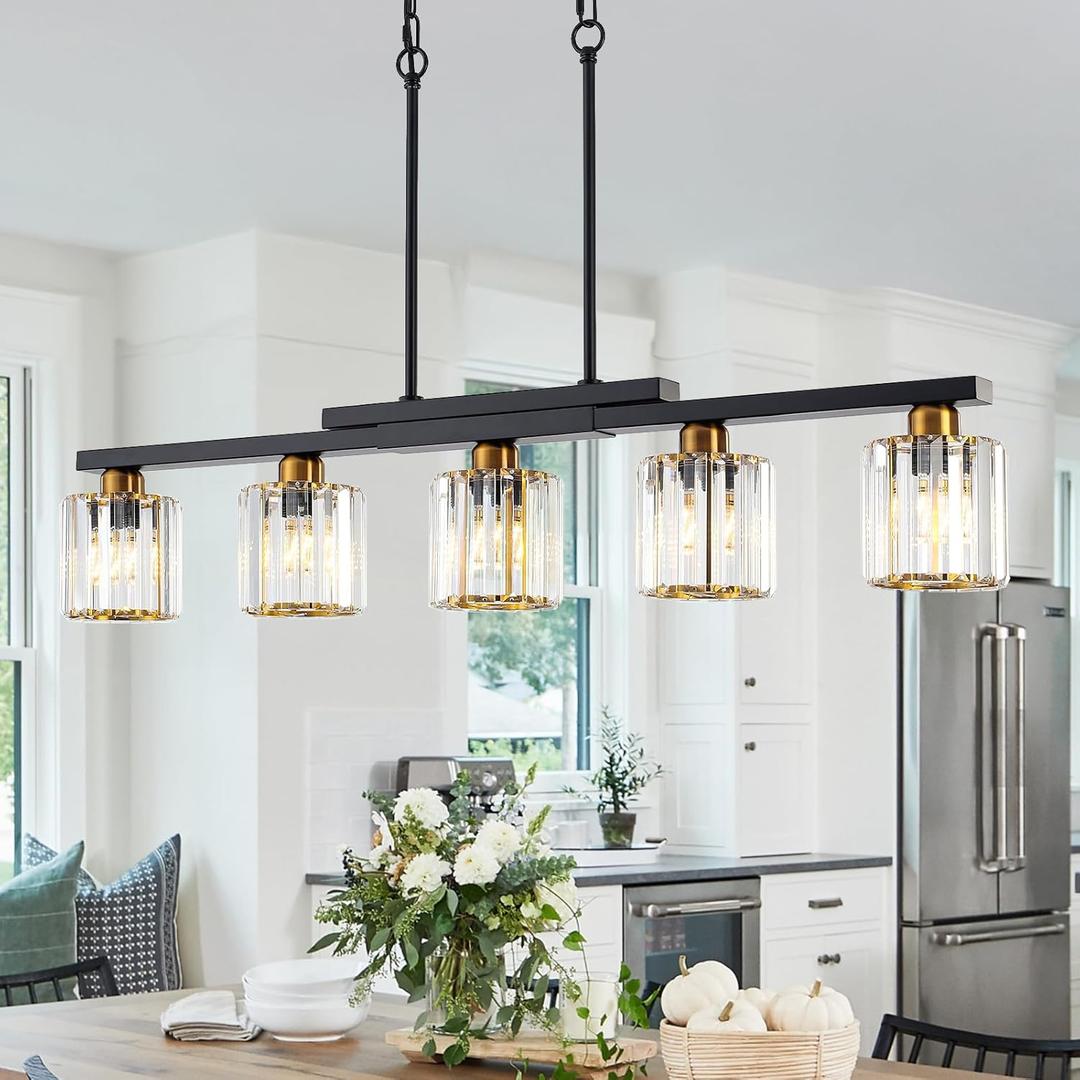 Kitchen Island Light Fixtures 5 Lights Black and Gold Chandeliers for Dining Room Over Table, Modern Luxury Crystals Pendant Lighting Hanging