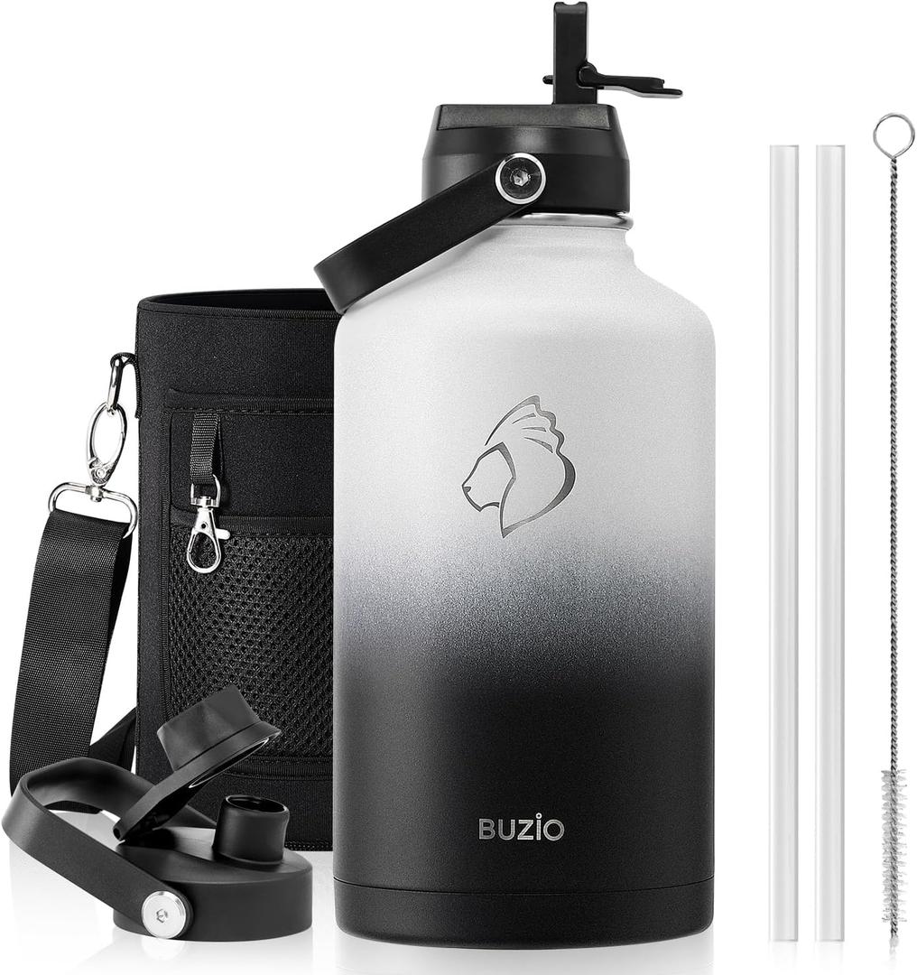BUZIO 64oz Insulated Water Bottle with Straw Lid and Flex Cap, Stainless Steel Powder-Coat Water Flask, Keep Beverage Cold for 48 Hrs Hot for 24 Hrs Simple Thermo Canteen Mug, White and Black (Day & Night)