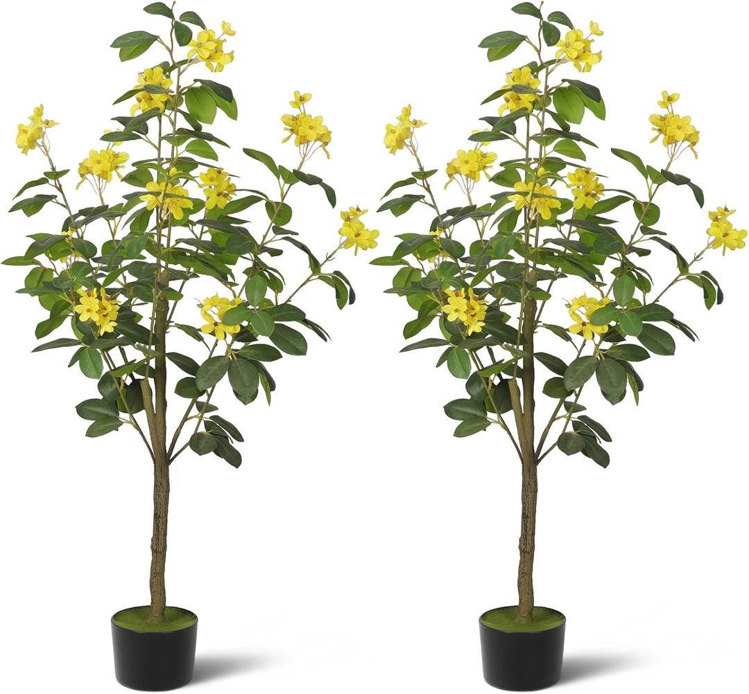 2-Pack 4FT Artificial Jasmine Tree,Realistic Potted Fake Plants with Flowers&Planter,Indoor/Outdoor Faux Flowering Trees for Home,Office,Porch,Wedding,and Housewarming Gift Decor (Yellow)