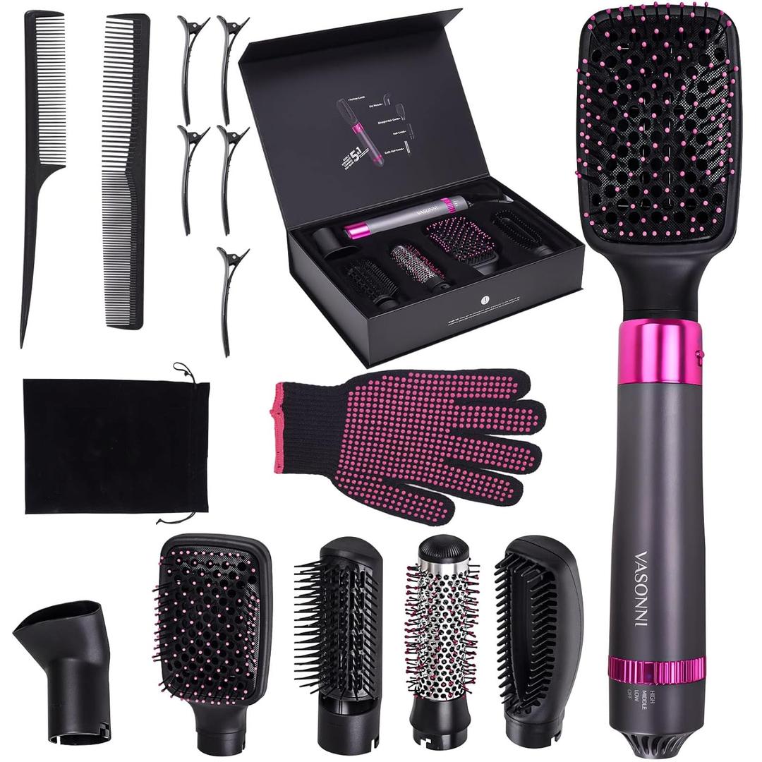 5 in 1 Hair Dryer Brush, Negative Ion Electric Hot Air Blow Dryer Brush Comb (Black-Red)