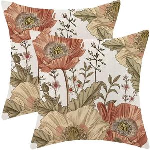 BETGINY Vintage Floral Pillow Covers 20x20 Set of 2, Rust Brown Flower Botanical Pattern Decorative Throw Pillow Covers Outdoor Linen Farmhouse Pillow Cases for Couch Sofa Decor