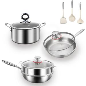 Titanium Pans set for Cooking, Titanium Frying Pan & Titanium Soup Pot And Titanium Wok with Steamer, Non-Toxic Titanium Hammered Pro skillet, PFAS/PFOA/PTFE Free Cookware, Dishwasher&Oven Safe, One Size