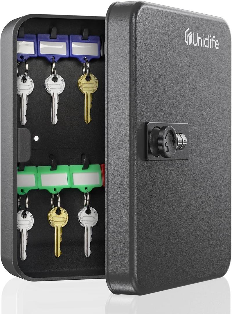 Uniclife 20 Position Key Cabinet with Combination Lock Resettable Black Digital Security Storage Box Steel Key Organizer with Colorful Key Tag Labels Stickers and Hooks