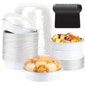 LNYZQUS 4” Small Cake Tins with Lids 50 Pack, Foil Mini Cake Pans,8oz Disposable Ramekins Creme Brulee Baking Cups Individual Mini Pie Contaniers Holders for Wedding Party-White