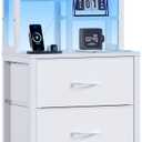 Furnulem Tall Nightstand with LED Lights and 3 Tier Shelves, Night Stand with 3 Fabric Drawers, 45.3inch Tall Bedside Tables with USB Ports and Outlets in Bedroom, Dorm, Office (White)