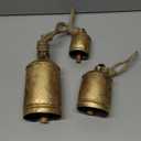 Gold Metal Tibetan Inspired Decorative Giant XL Cow Bells with Jute Hanging Rope, Set of 3 10",8",6"H - Cylindrical