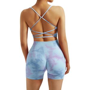 RXRXCOCO Seamless Workout Sets for Women 2 Piece Strappy Sports Bras Scrunch Butt Booty Shorts Matching Yoga Tracksuits (Medium, Tie Dye Pink Blue)