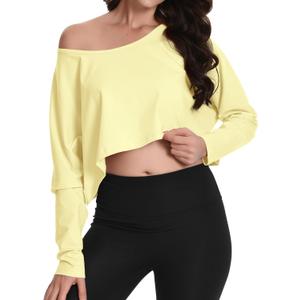 Womens Off Shoulder Long Sleeve T Shirt Boat Neck Loose Crop Tops Casual Oversized Workout Shirts (Small)