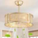 Phrylix 20" Boho Ceiling Fans with Lights, Rattan Flush Mount Ceiling Fan with Light Remote Control with Caged 6 Speeds for Bedroom, Nursery, Living Room (Gold)