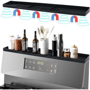 Silicone Magnetic Over the Stove Shelf for Back of Stove - Magnetic Stove Top Shelf and Over Stove Shelf, Over Oven Shelf for Top of Stove, Over the Stove Spice Rack, Includes 6 Extra Plates (Black)