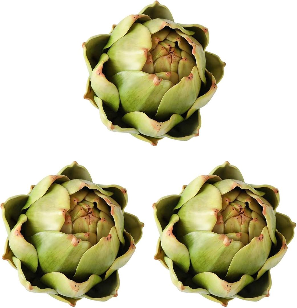 GiftYou 3-Pack Large Green Artificial Artichokes - Fake Vegetables and Faux Fruits for Kitchen Decorations (Green)