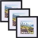 3 Pcs 12x12 Black Picture Frame - Display Pictures 8x8 with Mat or 12 x 12 without Mat - Black Wood Picture Frames for Wall Mounting - Wooden Photo Frame for 12 12 Matted to 8x8 Print Set of 3