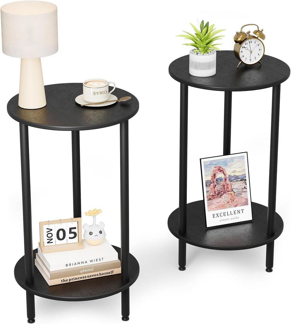 Round Side Table Set of 2, Black Round End Table with Storage, 2-Tier Modern Accent Table, Small Bedside Table for Living Room, Bedroom-Black