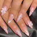 Hkanlre French Press on Nails Medium Fake Pink Bow Nails Tips Full Cover False Almond Nails for Women and Girls 24PCS