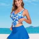 Women's Tankini Swimsuits Two-Piece Bathing Suits Swimdress Twist Cross Tummy Control Beach Swimwear Top Swim Skirt (Medium, Royal Leaf)