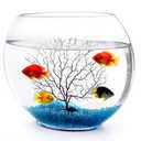 Okllen Mini Glass Fish Bowl, Oblate Small Fish Tank with Blue Aquarium Decor Sands and Plastic Coral Branch Tree Ornament for Betta Fish Aquarium, 1Gallon