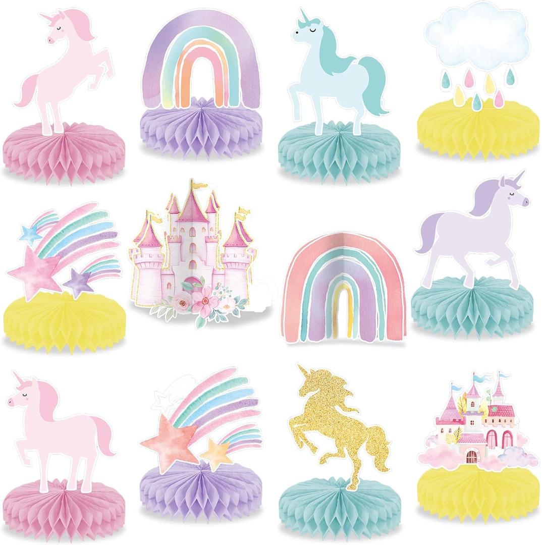 12Pcs Unicorn Rainbow Honeycomb Centerpieces Magical Pastel Unicorn Party Decoration Pastel Rainbow Castle Table Topper Centerpiece for Girls Princess Theme Happy Birthday Baby Shower Party Decor