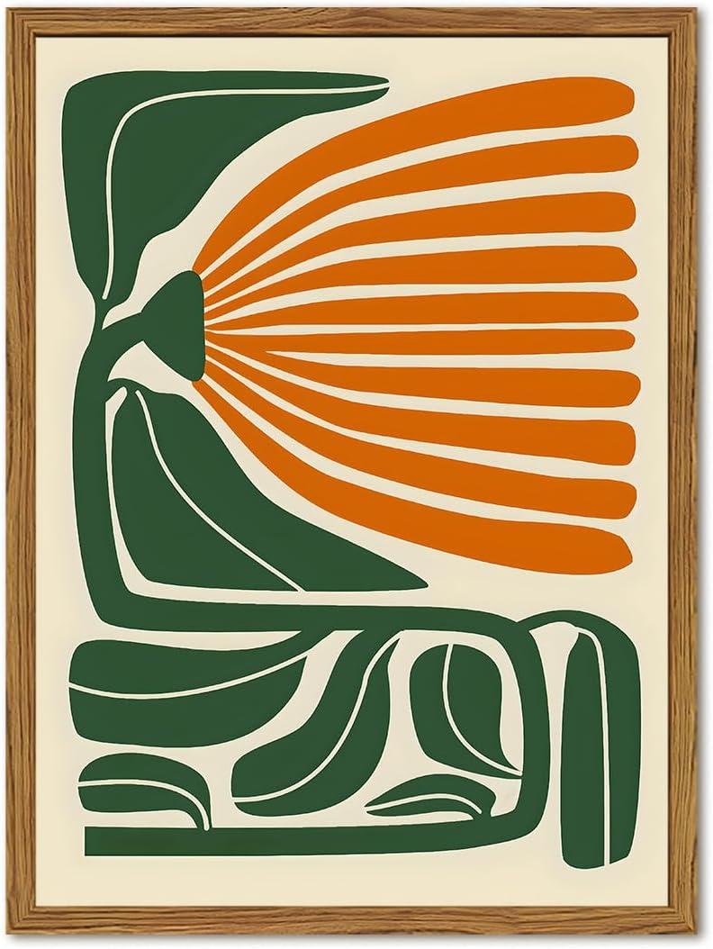Framed Boho Floral Wall Art, Mid Century Modern Flower Canvas Wall Decor Pictures, Green and Orange Abstract Botanical Paintings Poster Prints Eclectic Home Decor for Living Room Bedroom 16x24 inch