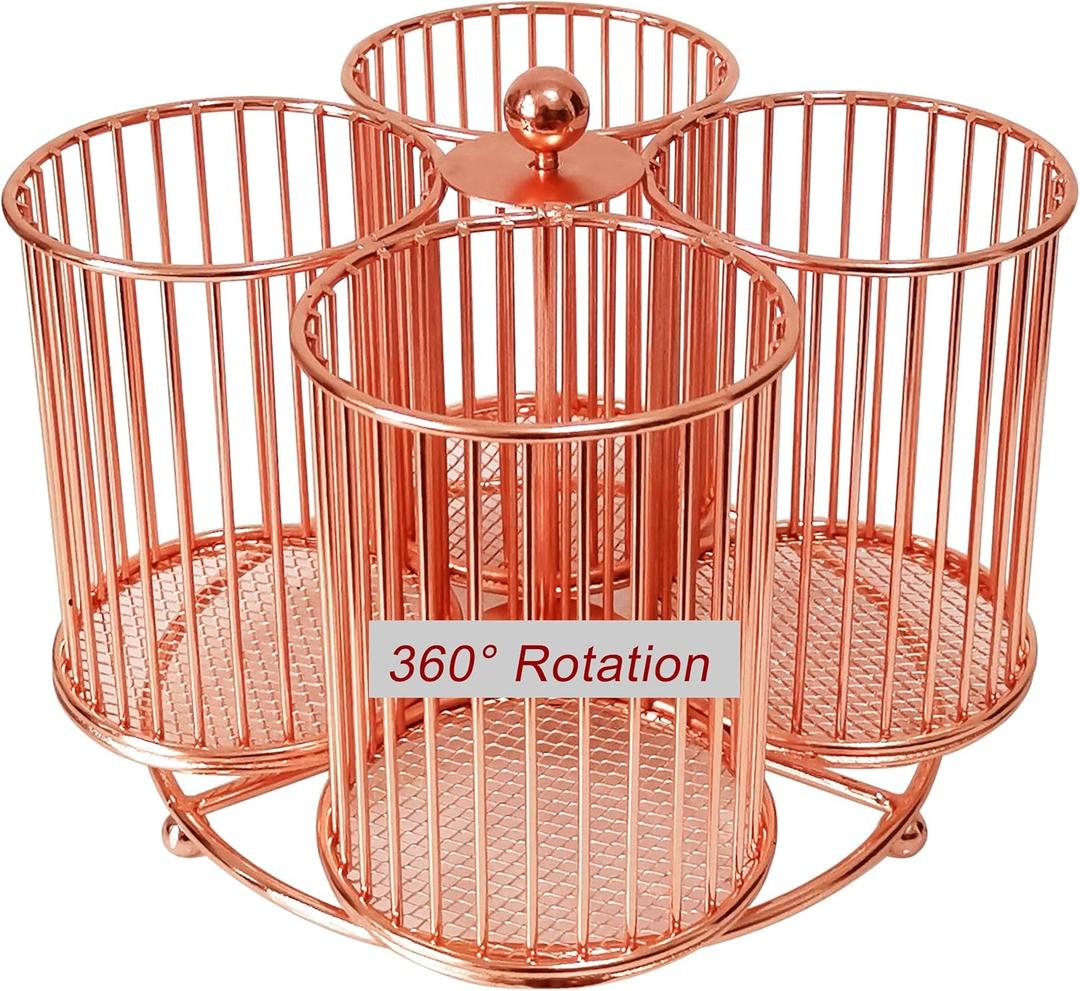 Rotating Pencil Holder, Rose Gold Wire Pen Holder , Spinning 4 Cup caddy Desk Organizer , Strong Metal Pen Organizer for School Stationary Home Office ( Rose Gold )