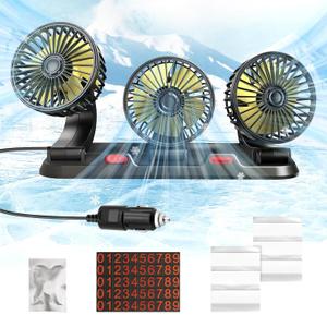 Portable 3-Head Car Cooling Fan - 2-Speed Adjustable, 360 Rotating, Cigarette Lighter Plug, Powerful Airflow for Vehicles, RVs, and SUVs